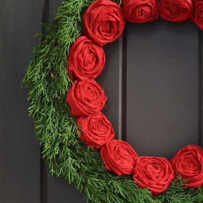 Christmas Wreath: Rolled Fabric Flowers and Evergreens